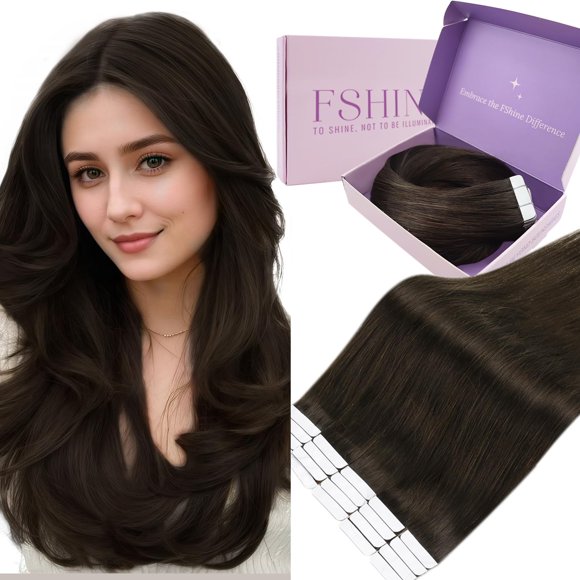 Fshine Tape in Hair Extensions Dark Brown Skin Weft Remy Human Hair, Full Head Straight Natural Extensions, Seamless Invisible Adhesive, Perfect for Daily