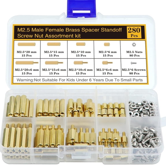 280Pcs M2.5 Brass Standoffs Screws Nuts Kit, Hex Male-Female Spacer for Laptop PC DIY Raspberry Pi Circuit Board