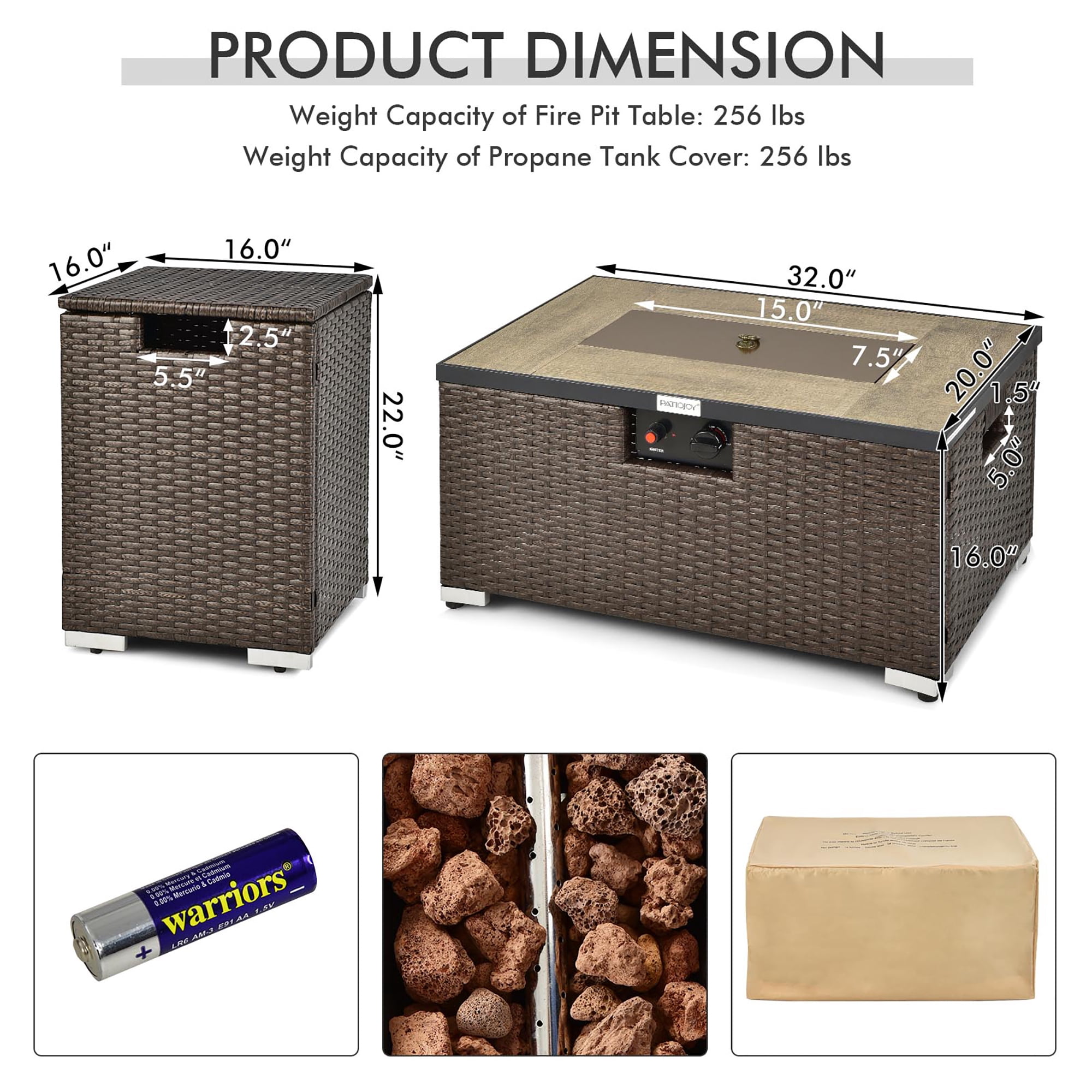 Costway 32''x 20'' Propane Rattan Fire Pit Table Set w/ Side Table Tank & Cover 40,000 BTU Brown