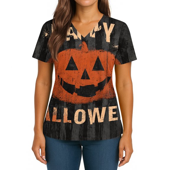 IYYVV Halloween Scrubs for Women V Neck Ghost Graphic Scrub Tops Short Sleeve Nursing Shirt Plus Size Work Tops with Pocket Vermilion 3XL
