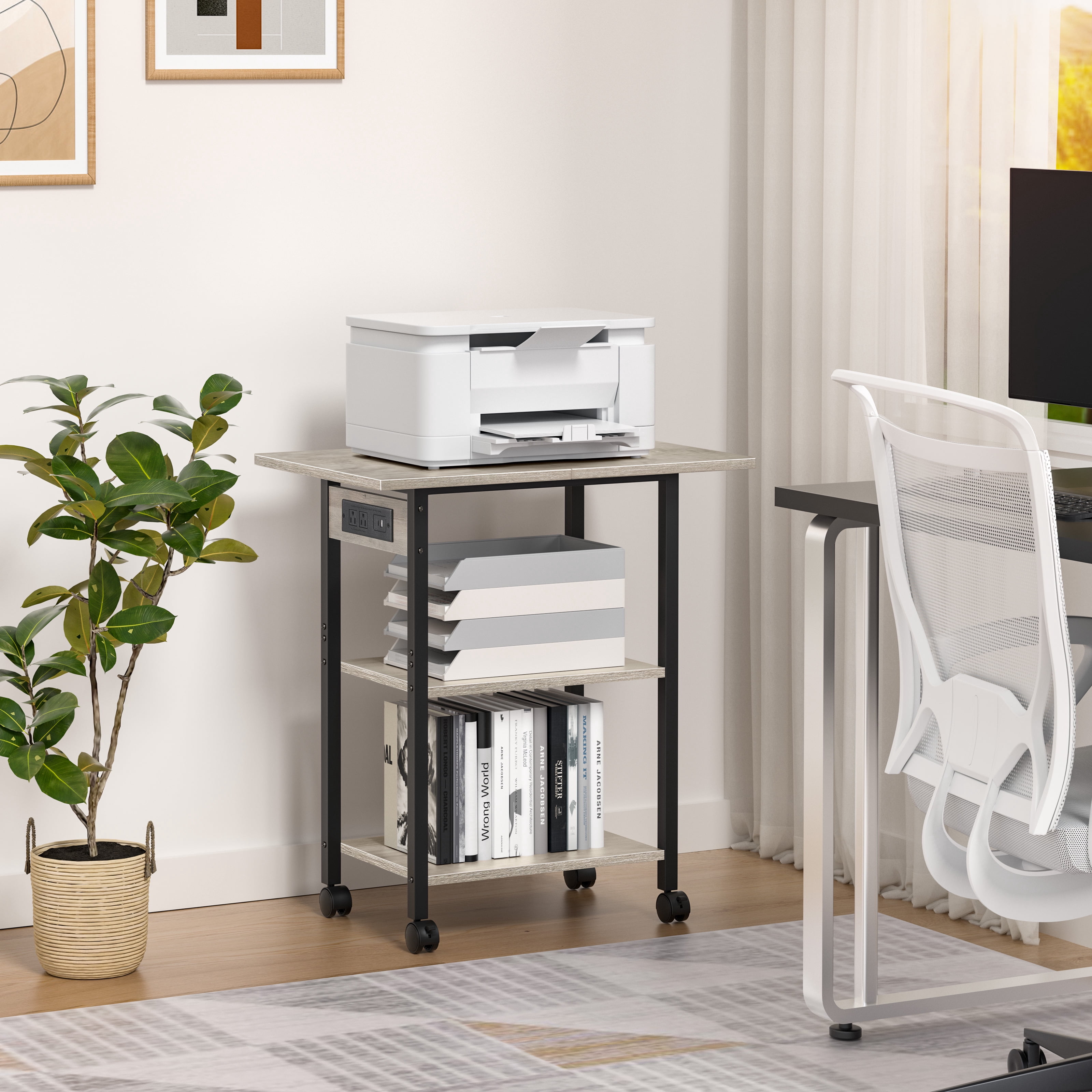 3 Tier Leyaoyao Printer Stand, Computer Tower Stand with Industrial Lockable Wheels & Storage Drawer Large Mobile Table for Home Office Multi-Equipment Organization, Oak