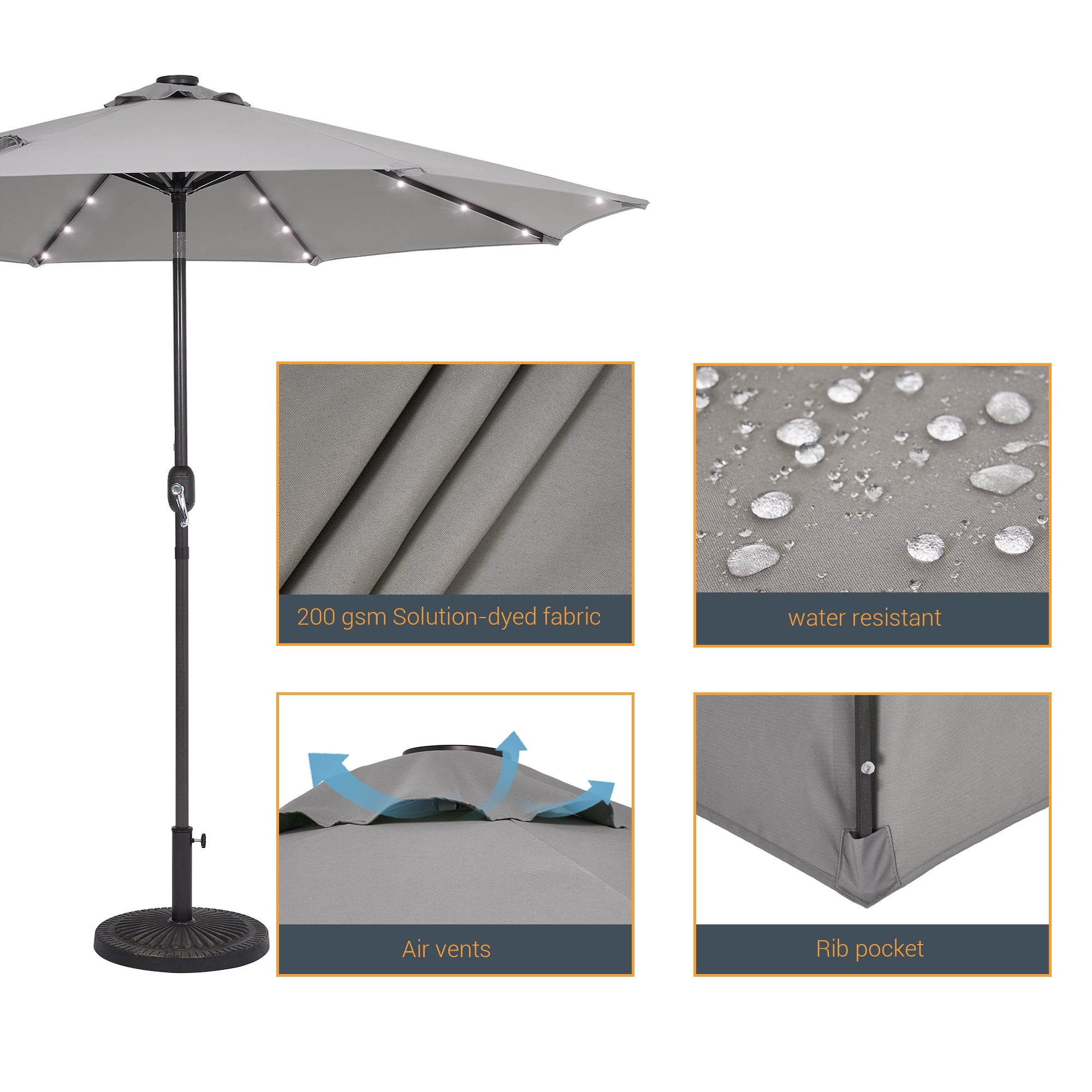CHYVARY Outdoor LED 9Ft Patio Table Umbrellas with Solar Lights and Tile Button for Garden, Deck and Poolside,Gray