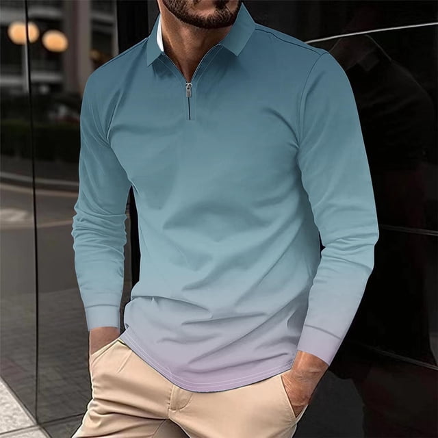 Blusa y camisa de manga larga con cuello vuelto para hombre, informal, con cuello vuelto, estampado, para fitness, deportiva, de manga larga, de poliéster