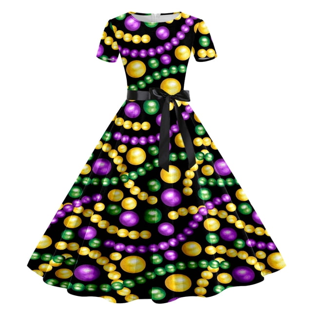 Wyzesi Robes Noires pour Femmes Imprimé Col Rond Manches Courtes Soirée Soirée Bal Robe Costume de Noël