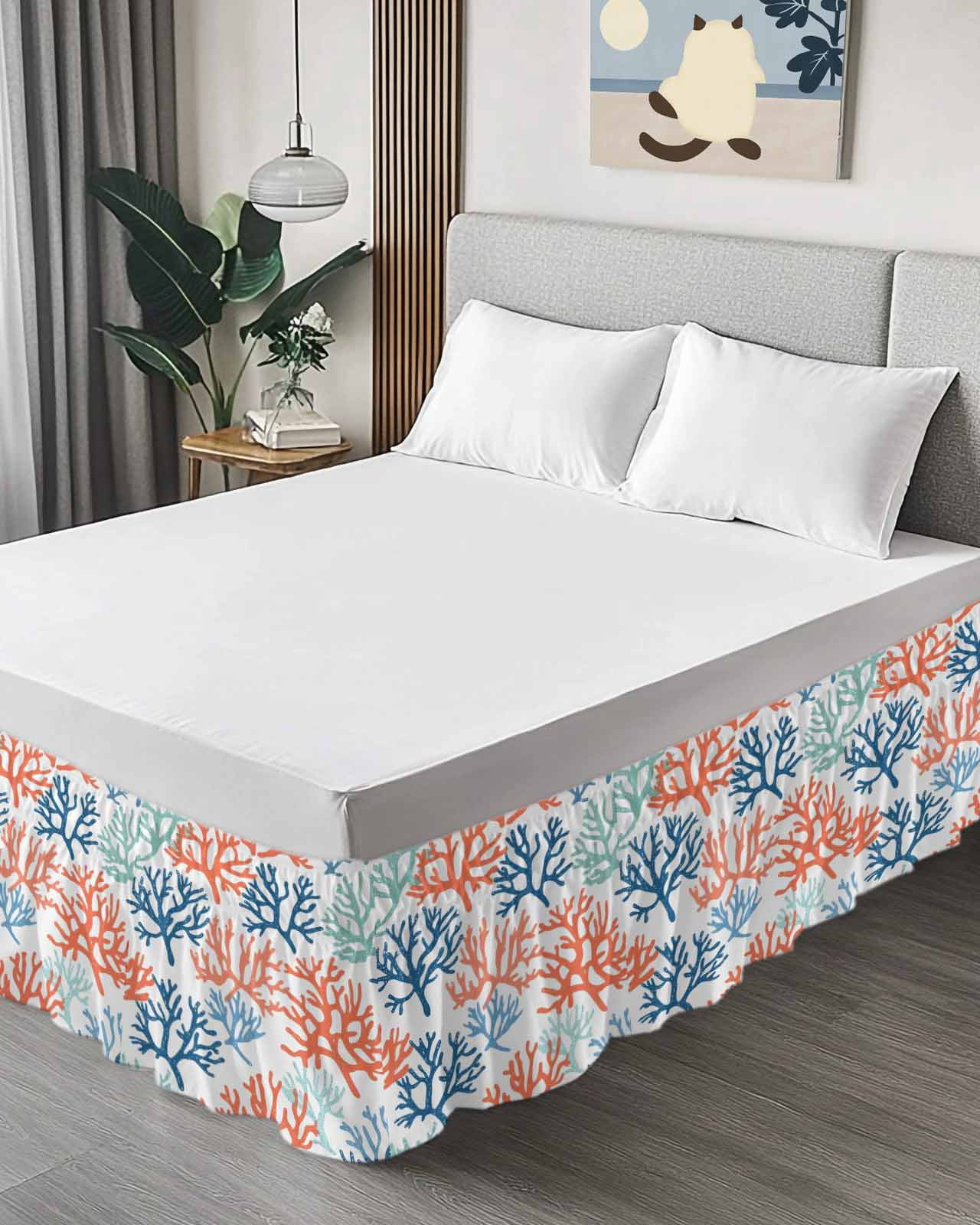 Orange Blue Coral Wrap Around Bed Skirts for Queen Bed 16" Drop,Bed Skirt with Adjustable Elastic Belt Dust Ruffle Bed Valance for Bedroom Hotel Green Gradient Coastal Ocean Color Bed Frame Cover