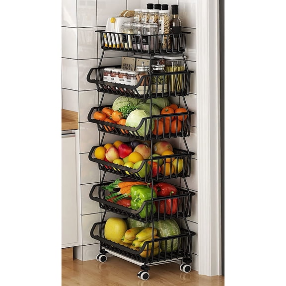 Fruit Baskets Rack with Wheels for Kitchen Pantry, 6 Tier Stackable Kitchen Baskets Storage Rack with Bottom Water Drainer, Metal Wire Organizers and Storage Rolling Cart (Black)