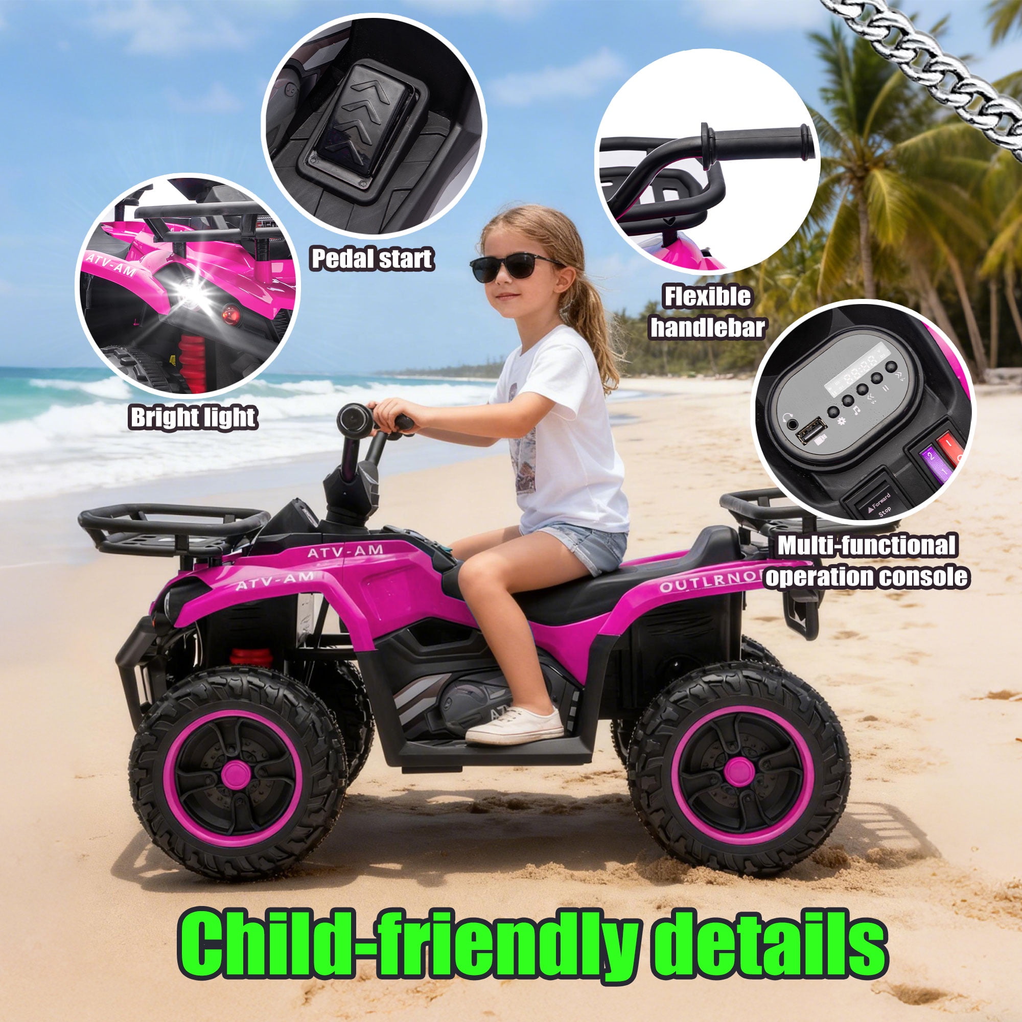 iYofe 24V Big Kids Ride on ATV Quad, Electric 4 Wheeler for Kids 3-6 with Battery Display, Anti-Slip Tires, LED Headlights, Bluetooth, MP3, Storage Racks, Gifts for Birthday & Christmas, Pink