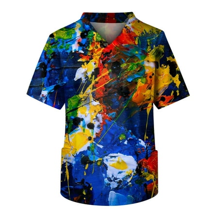 

HHei_K Scrubs Men s Short Sleeve V Neck Print Chest Pocket Carer Top