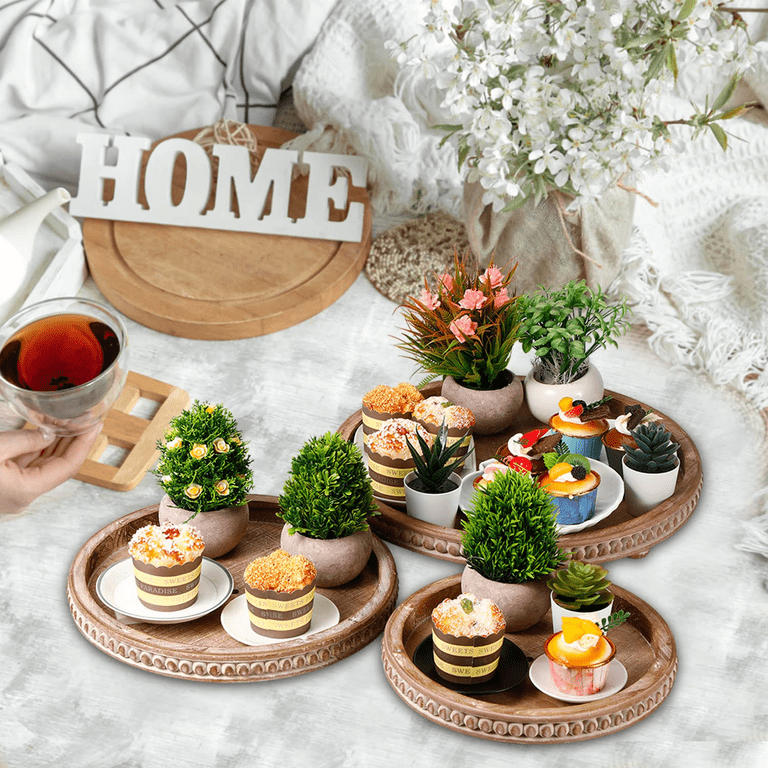 Woven Paths 3-Tier Round Farmhouse Wooden Decor Tray, Rustic