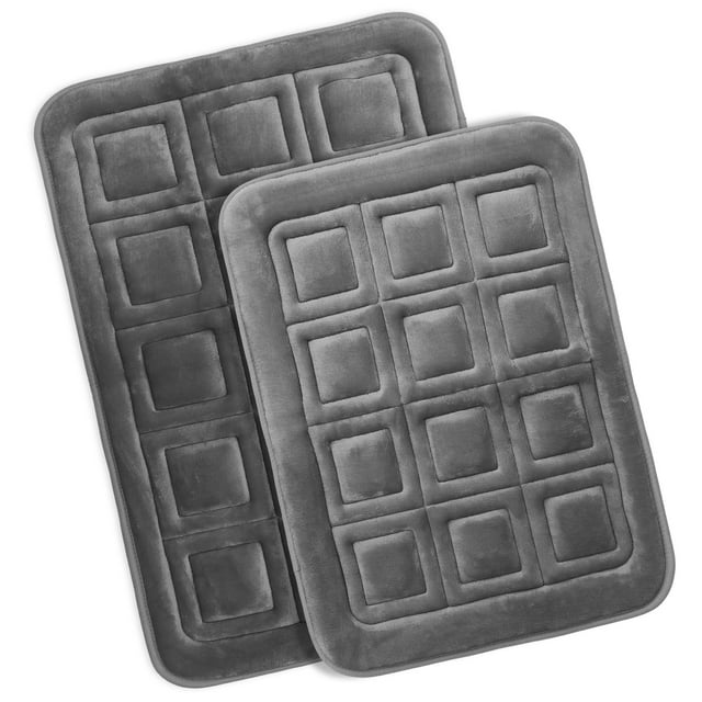 Clara Clark Bathroom Rugs, Velvet Memory Foam Bath Mat, Ultra Soft Non Slip and Absorbent - Waffled - Set of 2 - Gray