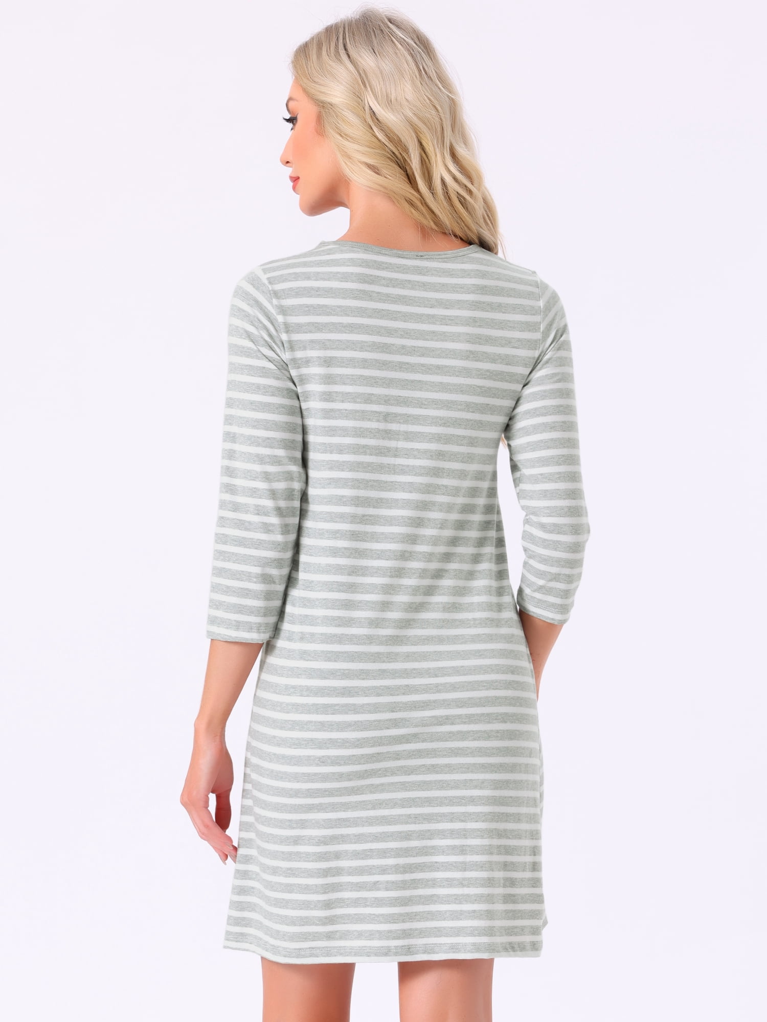 DARING DIVA Women's Cotton Stripe 3/4 Sleeve Round Neck Midi Sleepdress S Gray