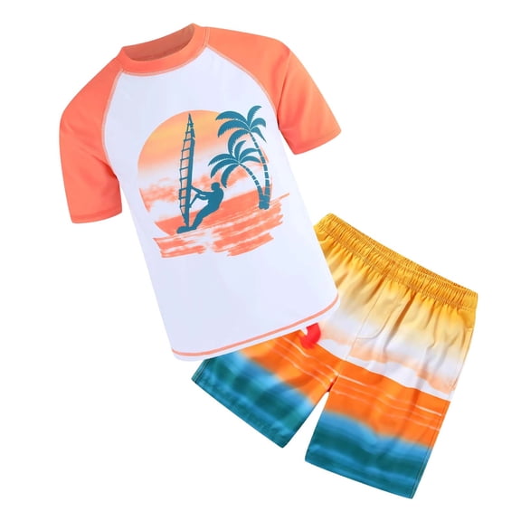 HAYIMI Playful Boys Beach Graphic O-Neck Short Sleeve T-Shirts With Shorts Summer Outfit Sets For Kids Comfortable Wear Easy Care Daily Stylish Clothes Sets