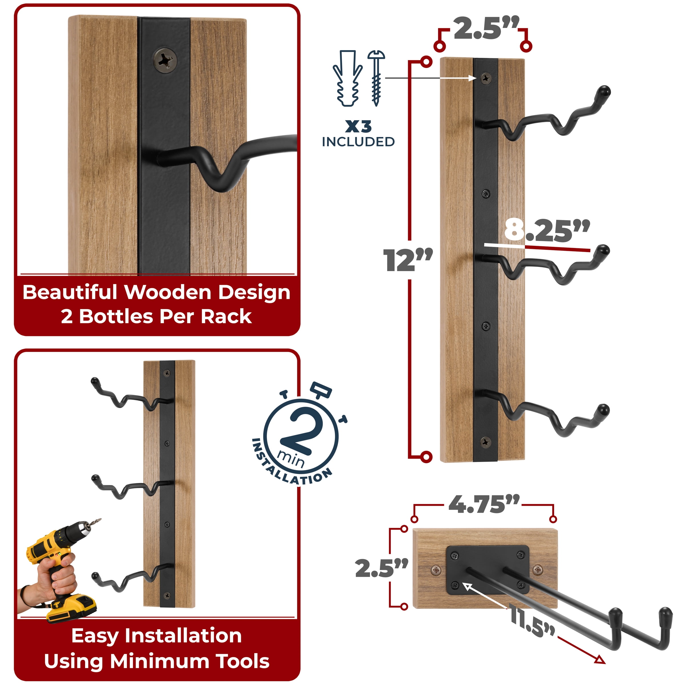 Sorbus Wall Wine & Glass Rack Set – Wood & Metal Holder for Bottles & Stemware, Mahogany Wood