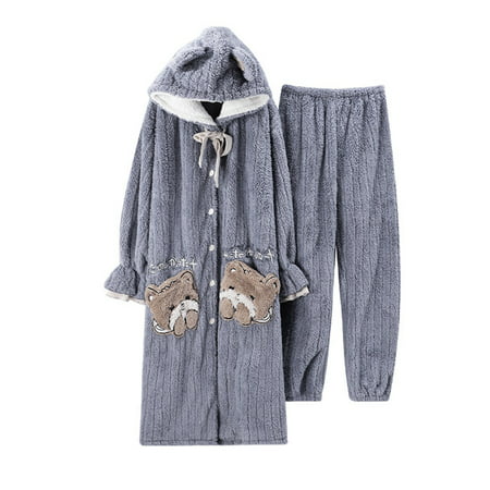 

DanceeMangoo FUNISHI Coral Fleece Cartoon Nightdress Women Sleepwear Loose Version Plus Size Hooded Inspissate Pajama Set Winter Pajamas