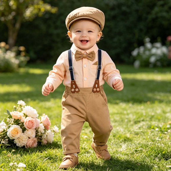 LEKWK Baby 4 Piece Outfits Long Sleeve Button Down Romper Suspender Pants Bow Tie with Hat Baby Boy Girl Clothes Gentleman Wedding Birthday Party Wear 0-24M