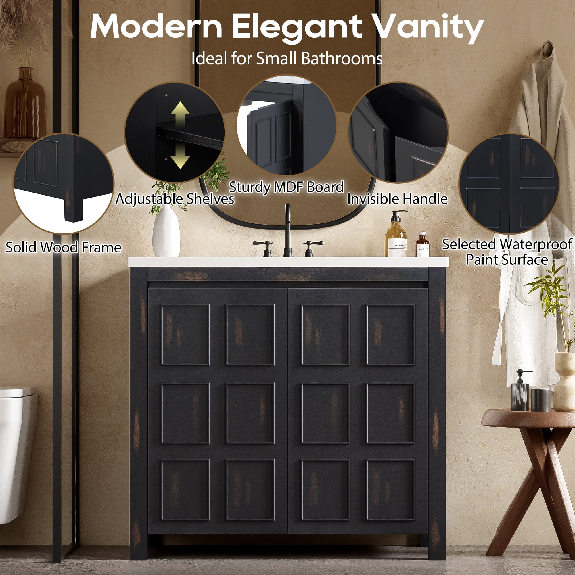 KYLE & KAY 36" Bathroom Vanity with Ceramic Sink, Bathroom Vanities Cabinet with Soft-Close Cabinet, Vanity Sink with Adjustable Shelves, Espresso