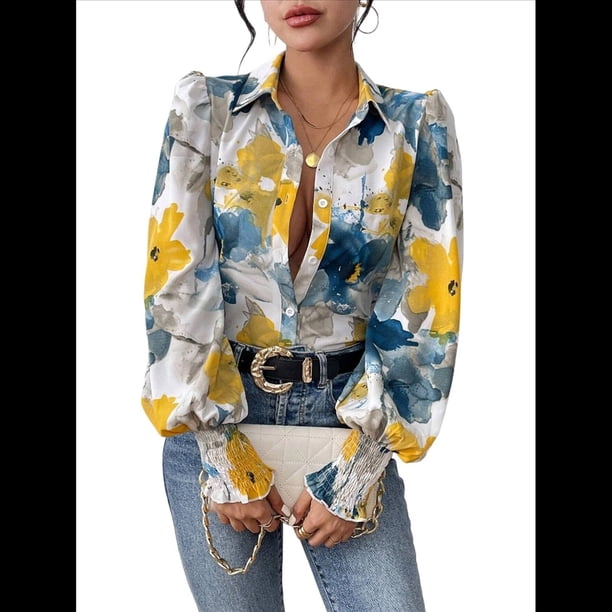 Camisas de Estilo Bohemio con Cuello en V, Botones y Mangas Largas con Estampado Floral para Mujer, para Otoño. Azul y Amarillo S