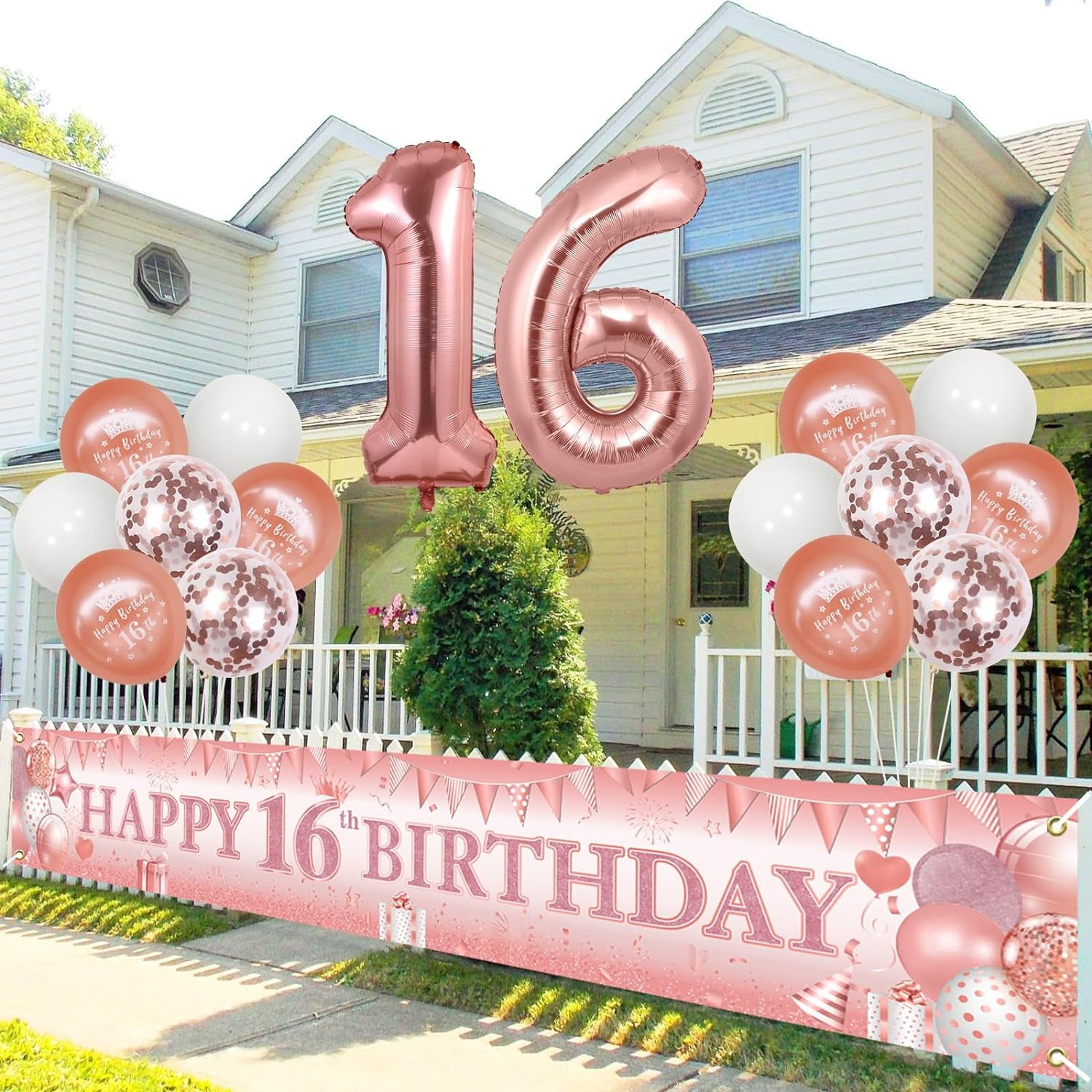Rose Gold 16th Birthday Decorations Girl, sweet 16 Birthday Yard Sign Banner, Triangle Flags and Latex Printed Confetti Balloons, 16 Years Old Sixteen Birthday Party House Garden Supplies
