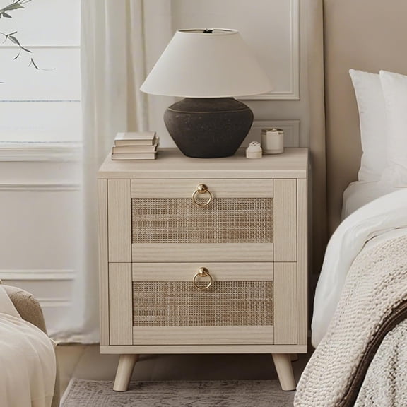 Wooden Night Stand with 2 Drawer, Rattan Small Nightstand Boho Bedside Table for Bedroom Coastal