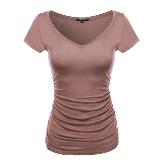 FashionOutfit Women's Cap Sleeve Scoop Neck Shirred Tee