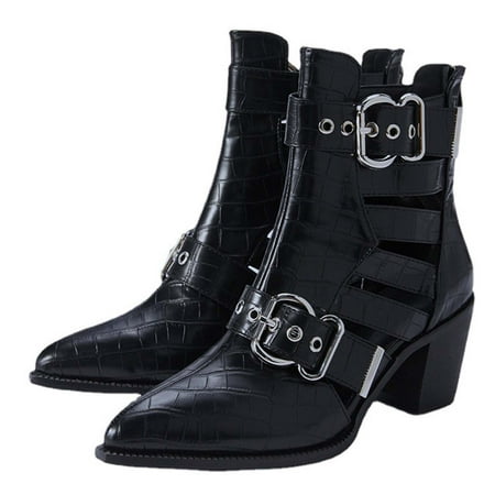 

Honeeladyy Women s Winter Pointed Toe Chunky Heel High Heel Slouchy Metal Buckle Booties With Back Zipper Black Sales