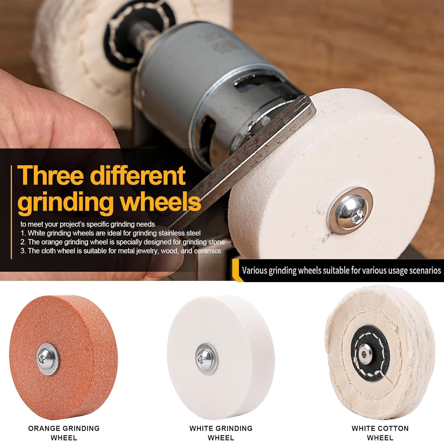 Mini Bench Grinder with 3 Wheels, Electric Multi-Purpose Grinding Machine for Metal, Wood, Knife Making, Jewelry Buffing, 6.3 x 3.5 inch Base