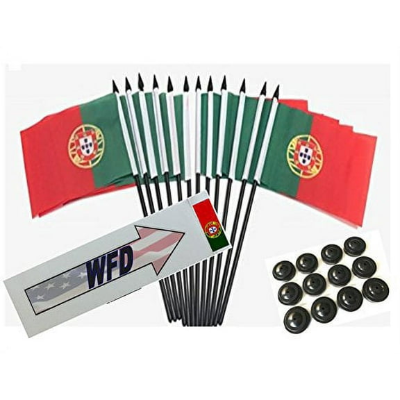 Box of 12 Portugal 4"x6" Polyester Miniature Desk & Little Table Flags, 4x6 Portuguese Small Mini Hand Waving Stick Flags with 12 Flag Bases (Stands)