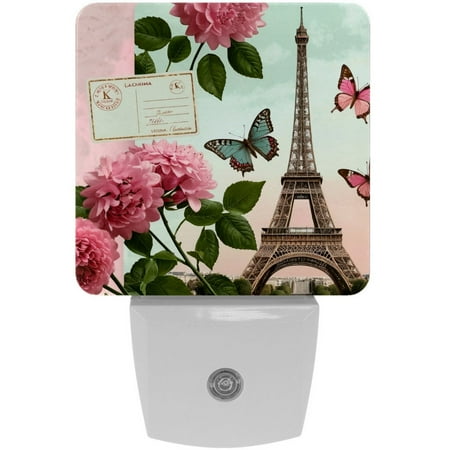 

LED Night Lights Plug into Wall 2-Pack 0.5W Plug in Night Light Dusk to Dawn White Bright Nightlight for Bedroom Bathroom Hallway Kitchen Paris Eiffel Tower Pink Rose Vintage