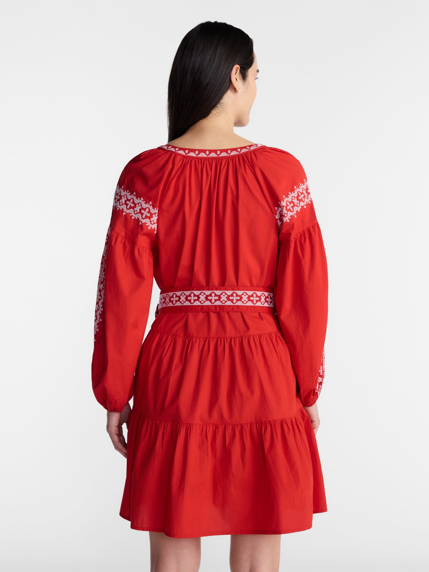 Time and Tru Women's Embroidered Cotton Mini Dress with Long Sleeves, Sizes XS-XXXL