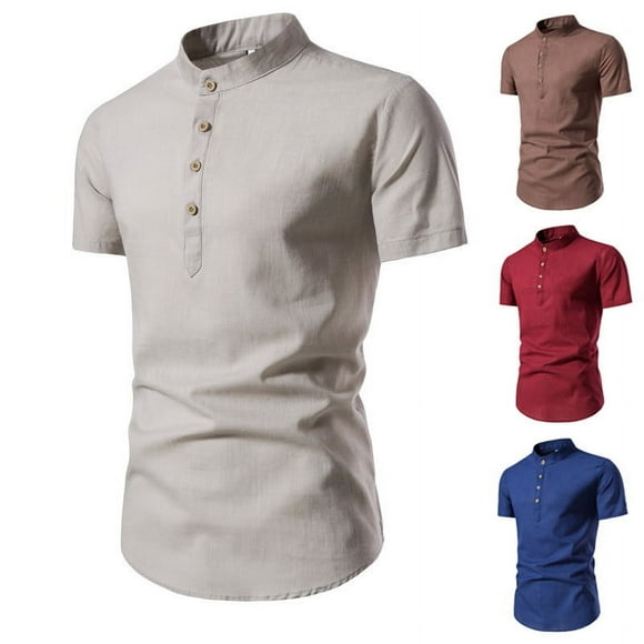 Txeol Vacation Deals Polo Linen Short Sleeve Shirts for Men Casual Solid Color Stand Collar Tops Summer Lightweight Button Up Workout Tees,Coffee,M