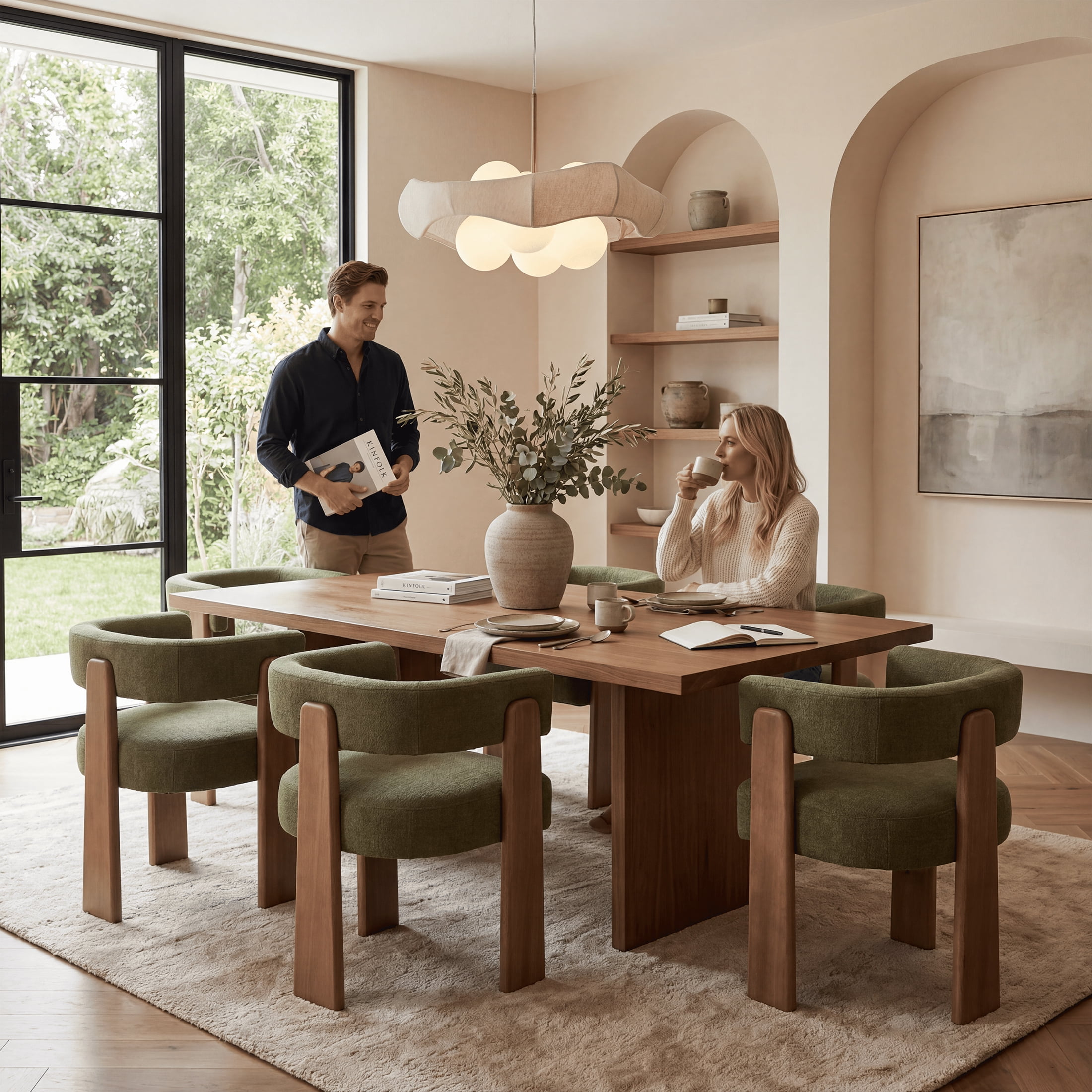 Guyou Barrel Dining Chairs Set of 4, Modern Linen Upholstered Dining Room Chairs with Curved Back, Farmhouse Wooden Accent Side Armchairs for Dining Room, Living Room, and Kitchen, Green