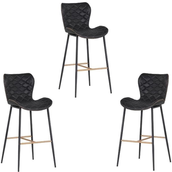 Home Square 3 Piece Faux Leather Barstool Set with Metal Base in Antique Black