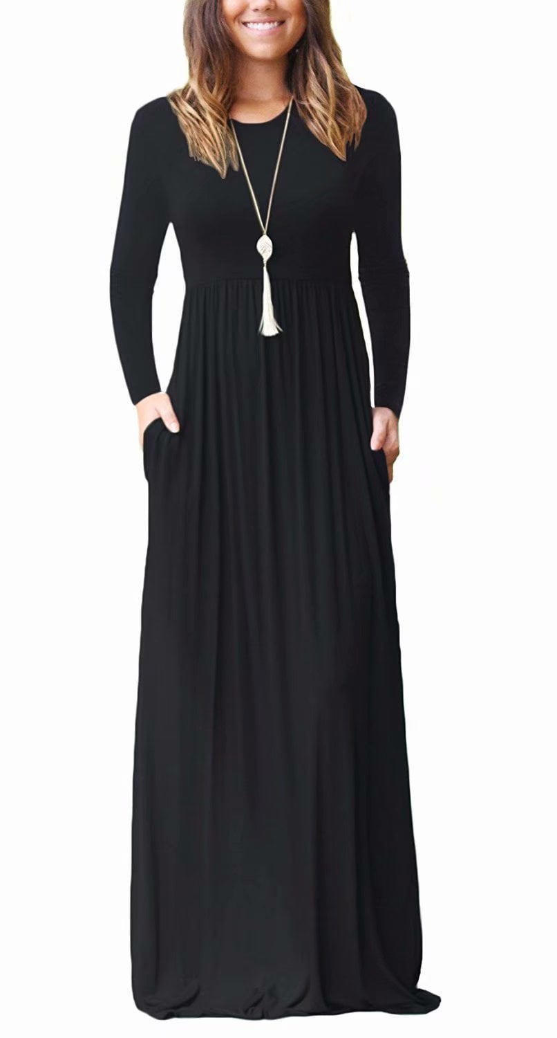 M&S&W Womens Ladies Plain Floor Length Cotton O Neck Long Sleeve Maxi Dress
