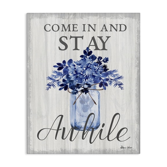 Stupell Industries Cottage Stay Awhile Blue Flower Jar Grey Word Design Canvas Art, 16 x 20, by Sheri Hart