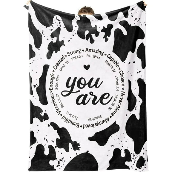 NICKSUN Bible Verse and Cow Print Blanket, Cow Gifts for Women, Inspirational Christian Gifts for Women Girls, Mothers Day Birthday Wedding Christmas Gifts, Soft Flannel Blanket 50'' x 60''