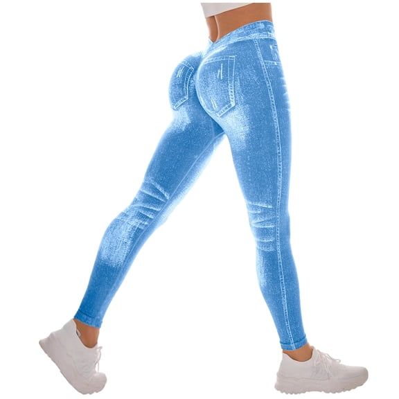 V Back Faux Denim Jeggings for Women High Waisted Jeans Yoga Pants Scrunch Butt Lifting Leggings for Petite