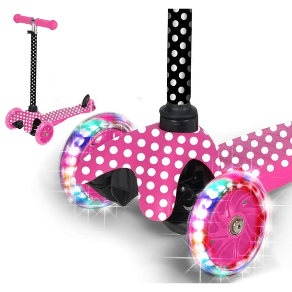 Rugged Racers – Mini-trottinette pour enfant à 3 roues en rose à pois et roues lumineuses