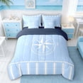 thumbnail image 3 of Manfei Minimalist Blue Compass Stripe Bedding Comforter Set for Kids Boys and Girls, Nautical Marine Print Full Bedding Set, Navy Reversible 7-Piece, 3 of 6
