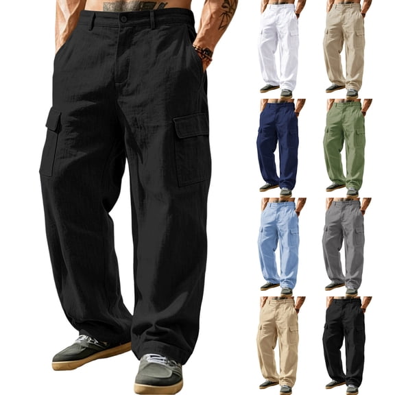 Men's Cotton Linen Beach Pants Relaxed Fit Hiking Pants Button Lightweight Stretch Cargo Work Pants with Multi Pocket