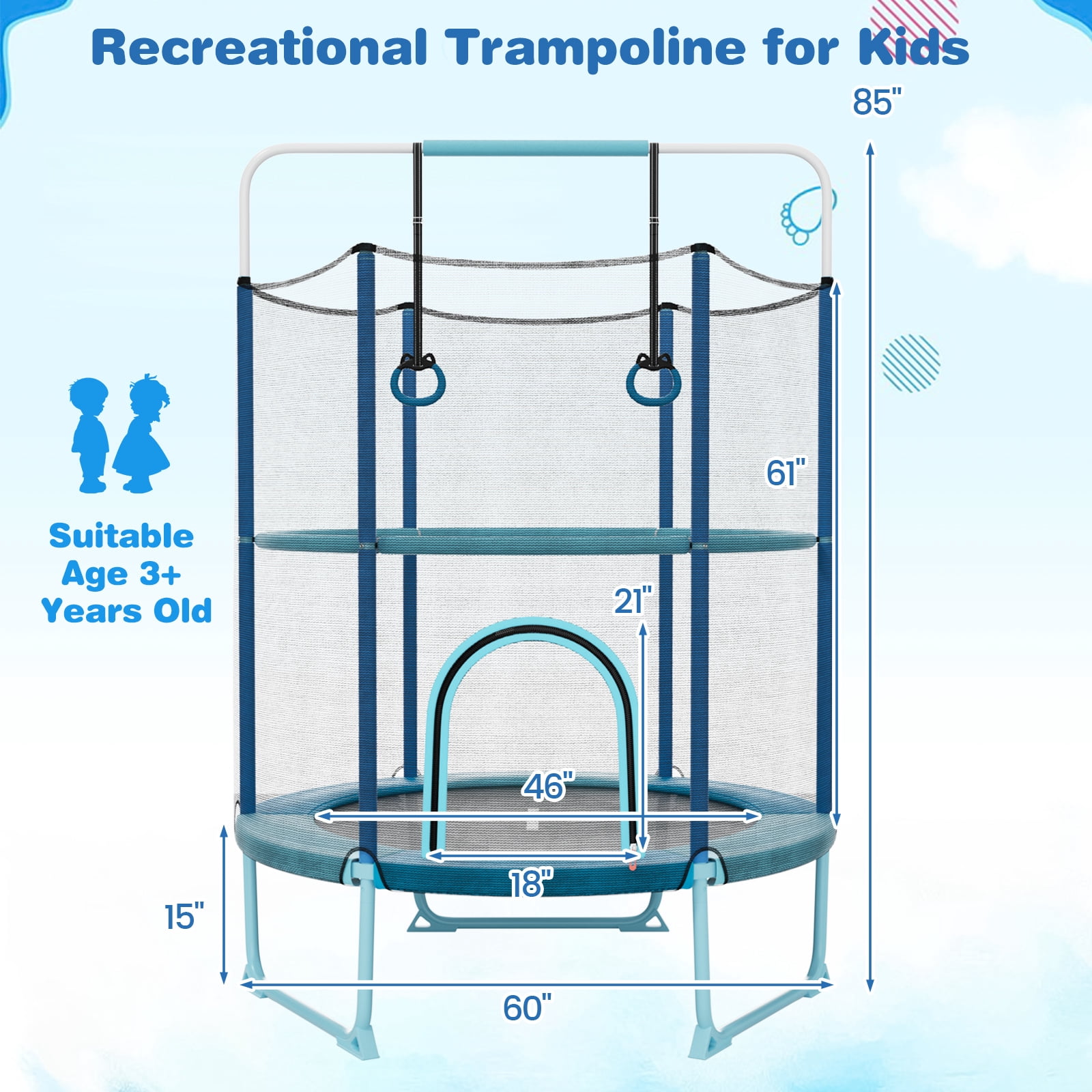 Infans 60" Trampoline for Kids w/Gymnastic Bar Rings Foamed Handle No Gap Design Blue