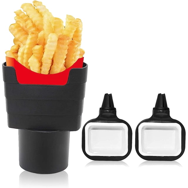 3 portavasos para papas fritas, accesorios interiores para autos, mini vasos para mojar papas fritas, portavasos para salsa, juegos de clips para mojar (rojo) (negro)
