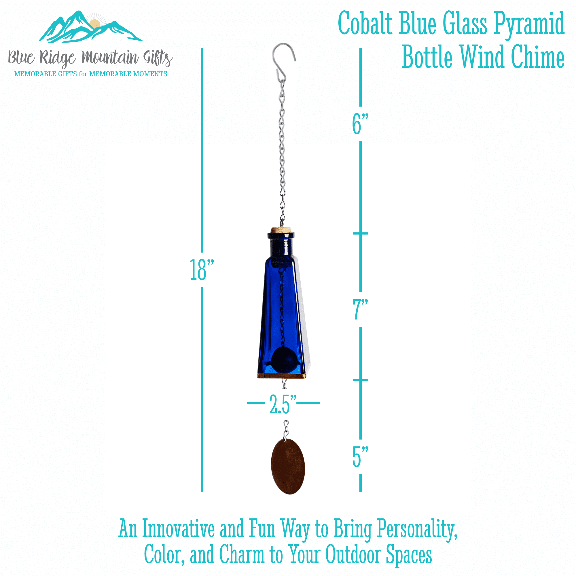 Handmade Cobalt Blue Glass Wind Chimes Made From Pyramid Shaped Bottles, Colorful Home Decor Outdoor Garden or Patio