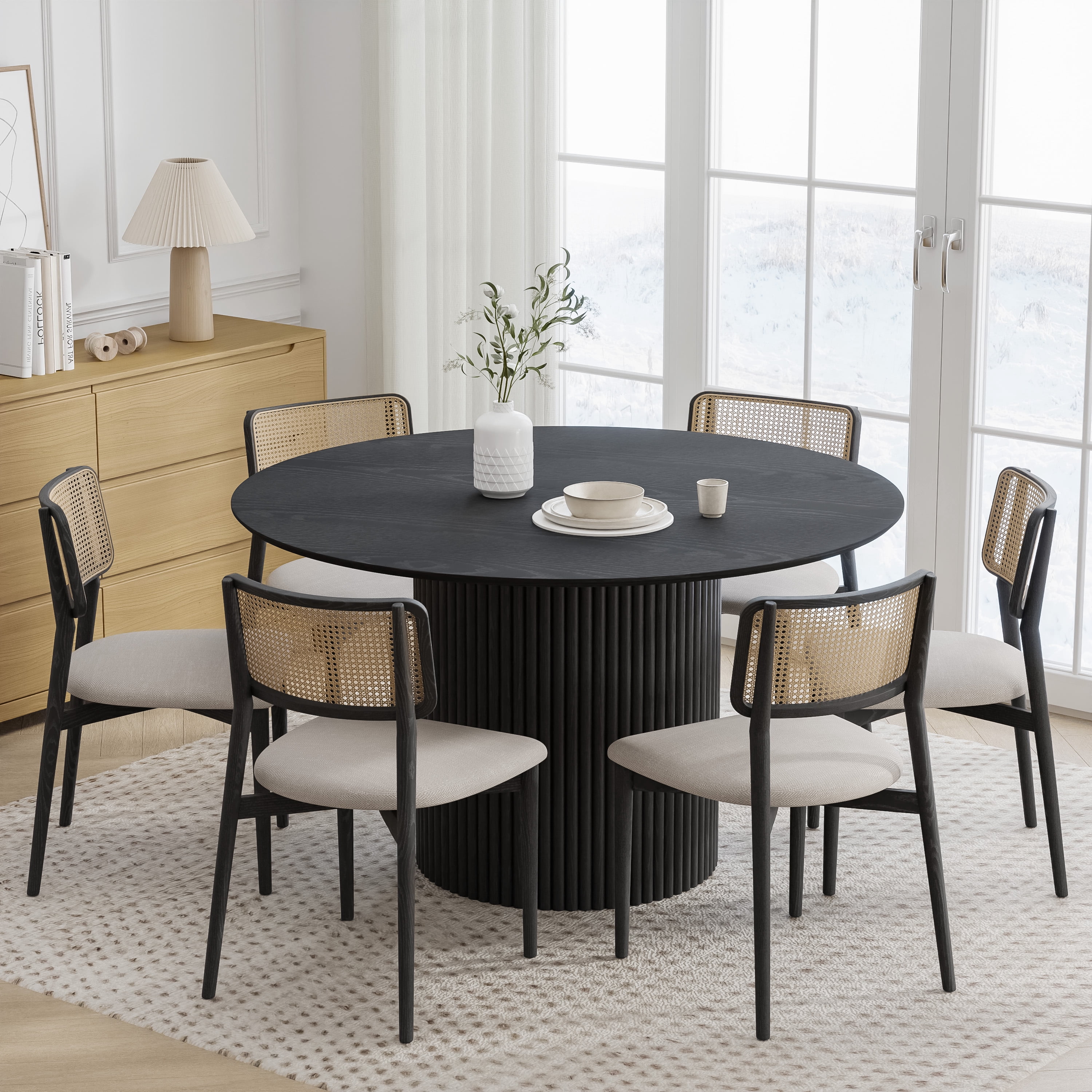 52 in. Soild Wood Black Dining Table Round Kitchen Table