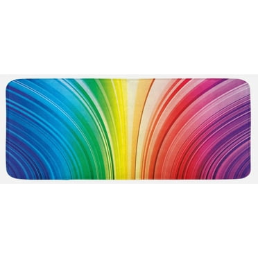 Colorful Kitchen Mat, Abstract Psychedelic Warped Contour Stripes Motion Modern Art Print, Plush Decorative Kitchen Mat with Non Slip Backing, 47" X 19", Magenta Blue, by Ambesonne
