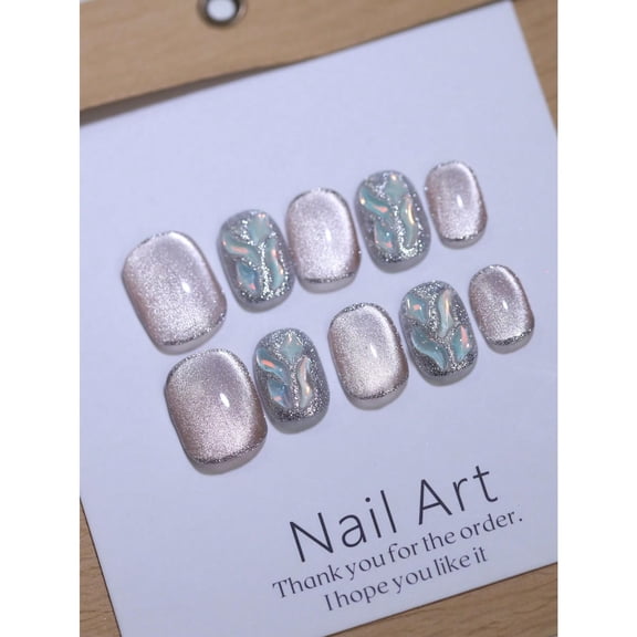 100% Pure Handmade Press On Nails Khaki Nude Color Cat's Eye 10pcs Nail Tips Short