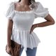 thumbnail image 1 of Top de mujer con cuello cuadrado, manga corta abombada, blusa informal con dobladillo con volantes, bata de poliéster para verano, blanco M, 1 of 6