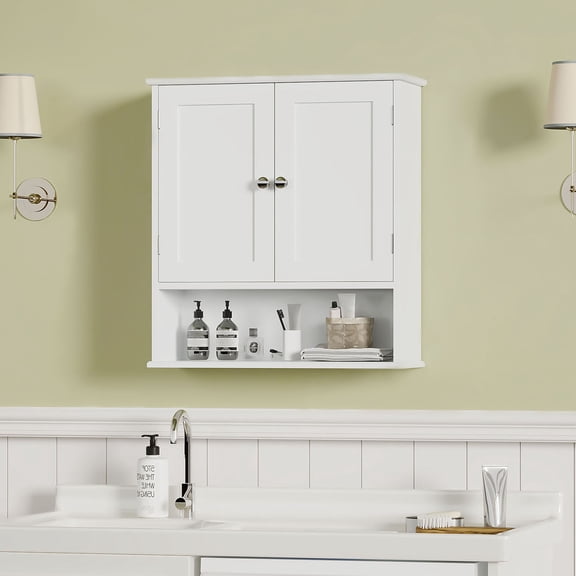S-HOME Modern Bathroom Wall Cabinet with Door in White, 3-Tier Over Toilet Storage Solution with Adjustable Shelves for Organization