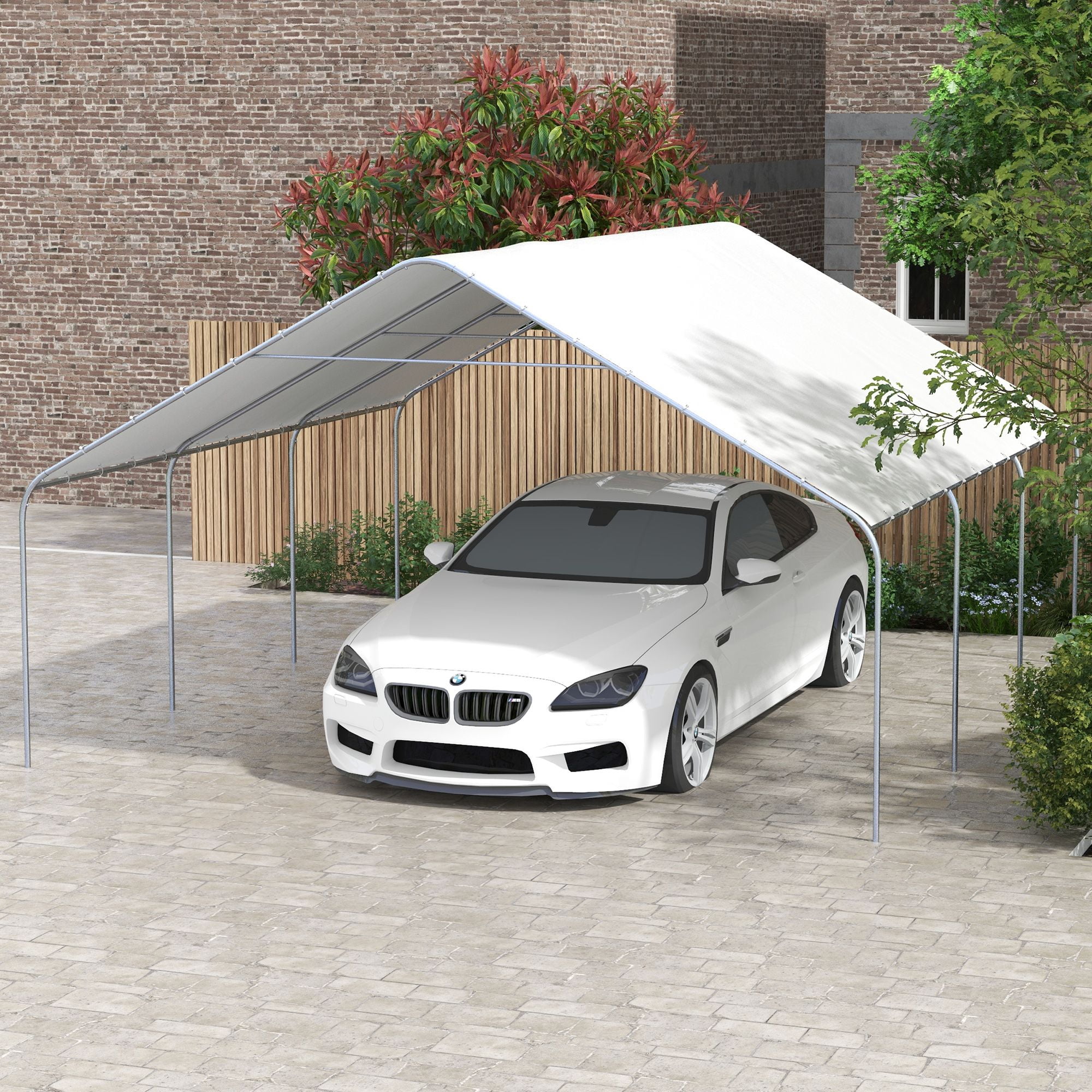 Outsunny 19' x 19.5' Carport Canopy, Heavy Duty Galvanized Steel Portable Garage for Car, Truck, Boat, White PE Shelter for Outdoor Events, Weddings, and Patio Protection