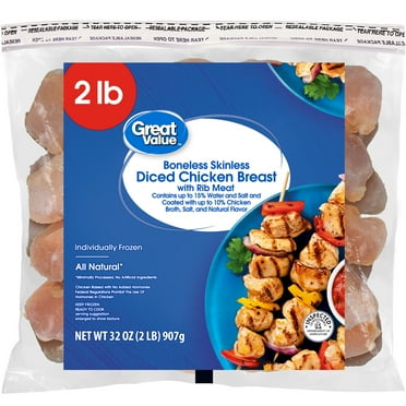 Great Value Boneless Skinless Diced Chicken Breast, 2 lb (Frozen)