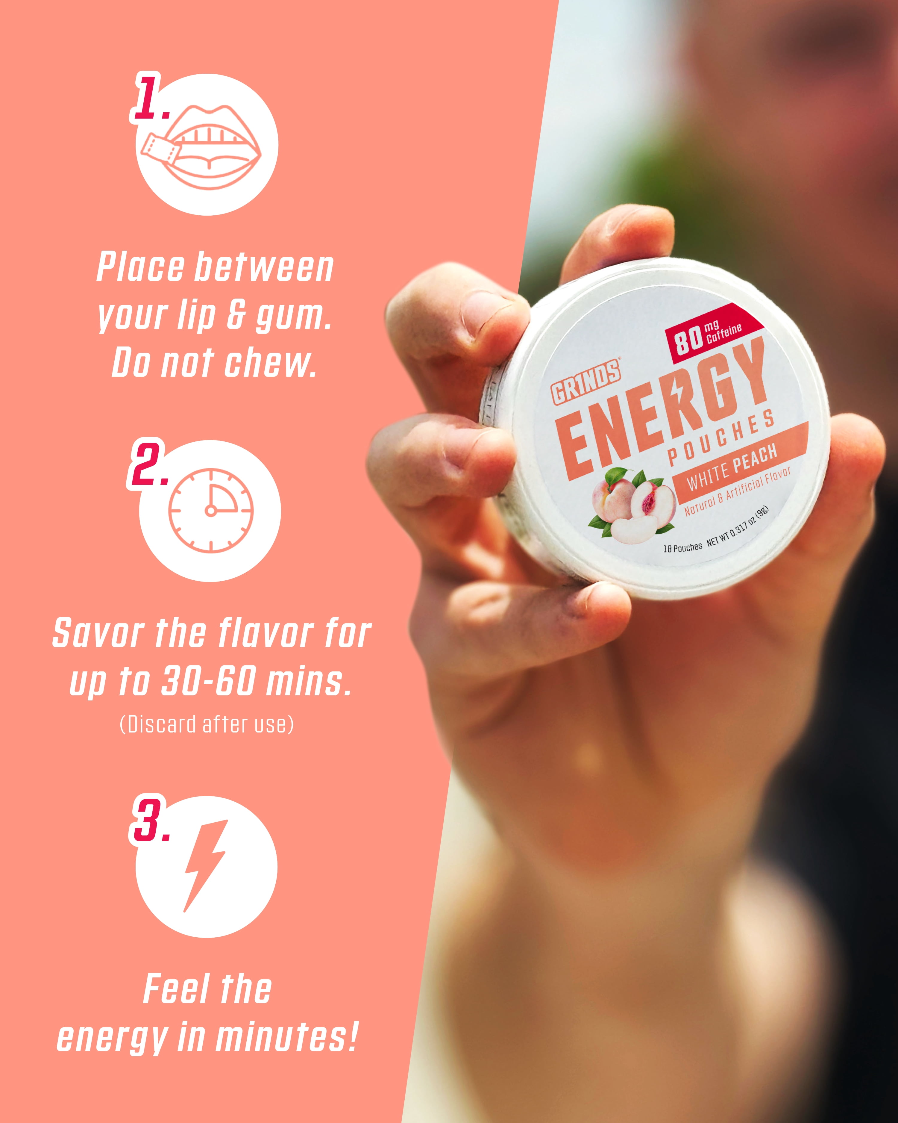 Grinds Energy Pouches, Nicotine-Free, 80mg Caffeine, White Peach, 18 Pouches (1 Can)